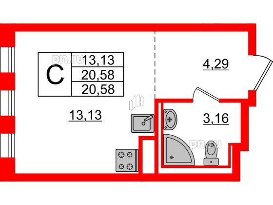 Квартира в ЖК Новые Лаврики, студия, 20.58 м², 7 этаж