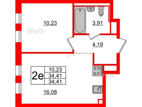 Квартира в ЖК Новые Лаврики, 1 комнатная, 34.41 м², 5 этаж