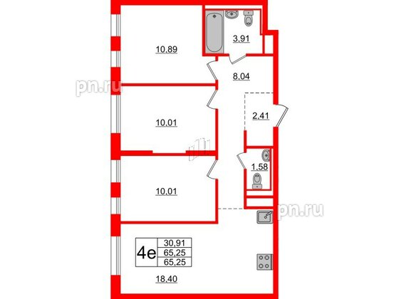 Квартира в ЖК Новые Лаврики, 3 комнатная, 65.25 м², 5 этаж