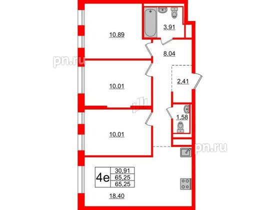 Квартира в ЖК Новые Лаврики, 3 комнатная, 65.25 м², 12 этаж