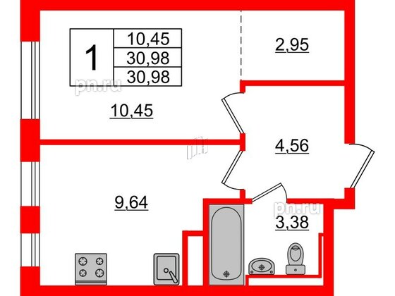 Квартира в ЖК Новые Лаврики, 1 комнатная, 30.98 м², 5 этаж