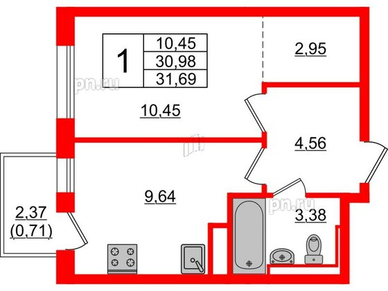 Квартира в ЖК Новые Лаврики, 1 комнатная, 31.69 м², 7 этаж