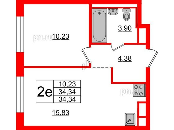 Квартира в ЖК Новые Лаврики, 1 комнатная, 34.34 м², 3 этаж