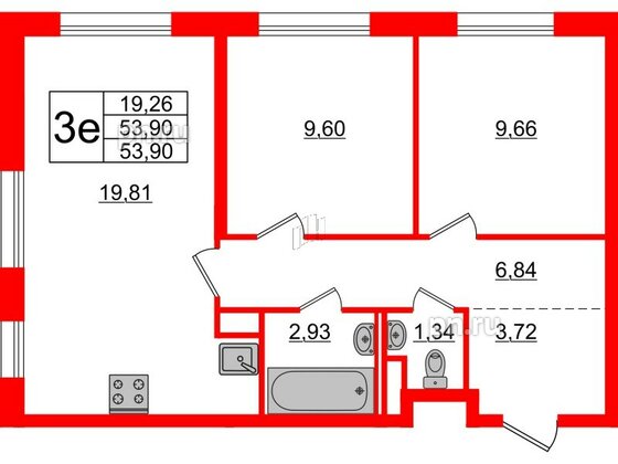 Квартира в ЖК Новые Лаврики, 2 комнатная, 53.9 м², 3 этаж