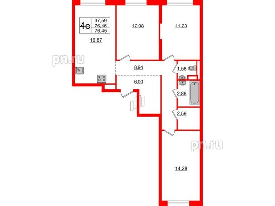 Квартира в ЖК Новые Лаврики, 3 комнатная, 76.45 м², 9 этаж