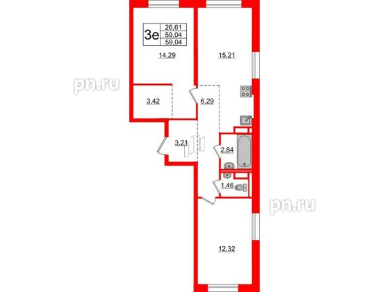 Квартира в ЖК Новые Лаврики, 2 комнатная, 59.04 м², 3 этаж