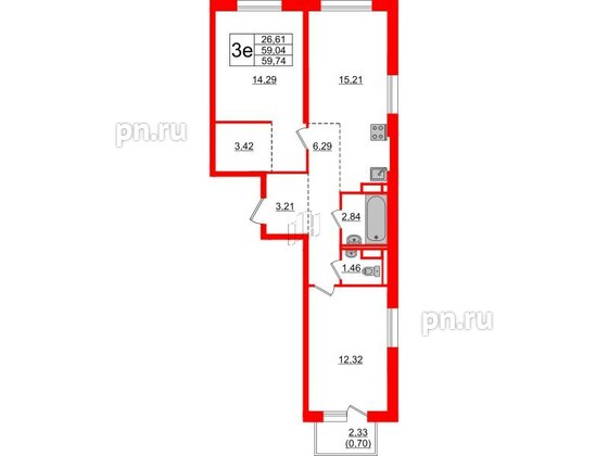 Квартира в ЖК Новые Лаврики, 2 комнатная, 59.74 м², 7 этаж