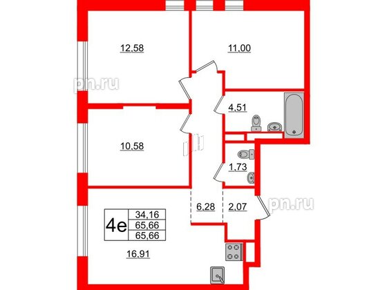 Квартира в ЖК Новые Лаврики, 3 комнатная, 65.66 м², 2 этаж