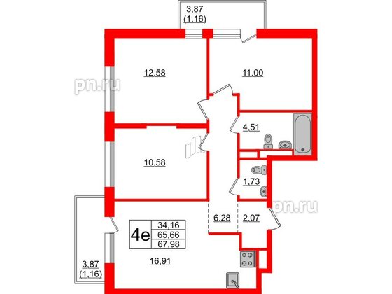 Квартира в ЖК Новые Лаврики, 3 комнатная, 67.98 м², 7 этаж