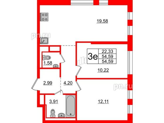 Квартира в ЖК Новые Лаврики, 2 комнатная, 54.59 м², 2 этаж