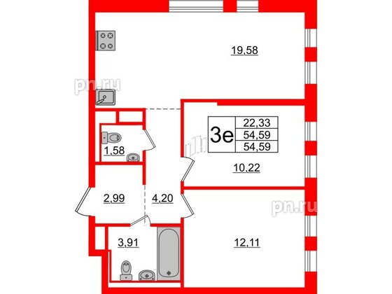 Квартира в ЖК Новые Лаврики, 2 комнатная, 54.59 м², 5 этаж