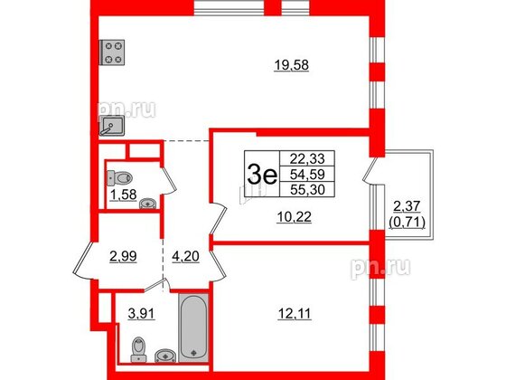 Квартира в ЖК Новые Лаврики, 2 комнатная, 55.3 м², 7 этаж