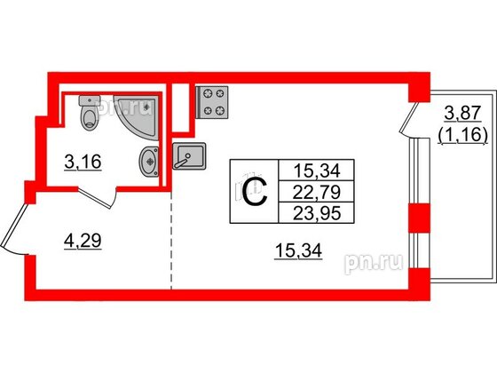 Квартира в ЖК Новые Лаврики, студия, 23.95 м², 11 этаж