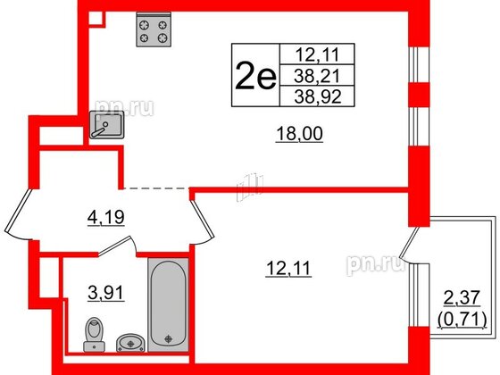 Квартира в ЖК Новые Лаврики, 1 комнатная, 38.92 м², 11 этаж