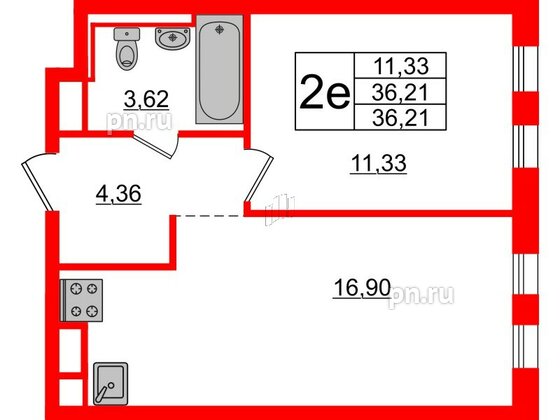 Квартира в ЖК Новые Лаврики, 1 комнатная, 36.21 м², 3 этаж