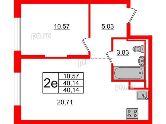 Квартира в ЖК Новые Лаврики, 1 комнатная, 40.14 м², 3 этаж