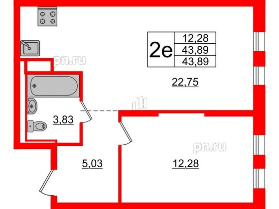 Квартира в ЖК Новые Лаврики, 1 комнатная, 43.89 м², 5 этаж