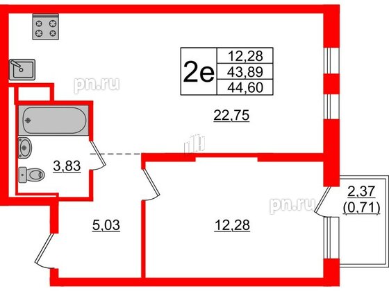 Квартира в ЖК Новые Лаврики, 1 комнатная, 44.6 м², 7 этаж