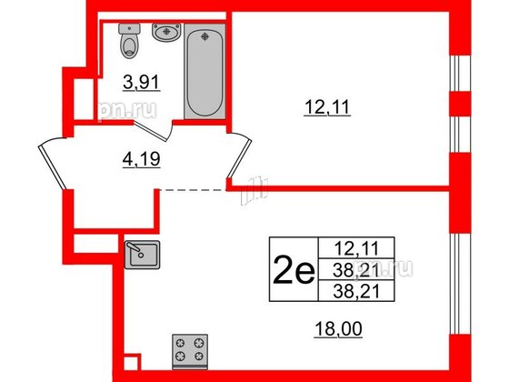 Квартира в ЖК Новые Лаврики, 1 комнатная, 38.21 м², 3 этаж