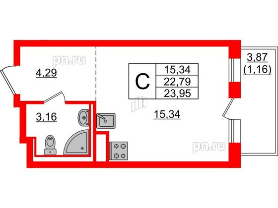 Квартира в ЖК Новые Лаврики, студия, 23.95 м², 7 этаж