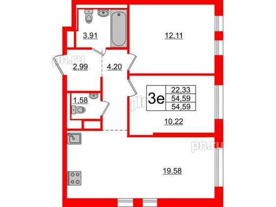 Квартира в ЖК Новые Лаврики, 2 комнатная, 54.59 м², 2 этаж