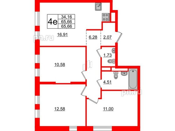 Квартира в ЖК Новые Лаврики, 3 комнатная, 65.66 м², 2 этаж