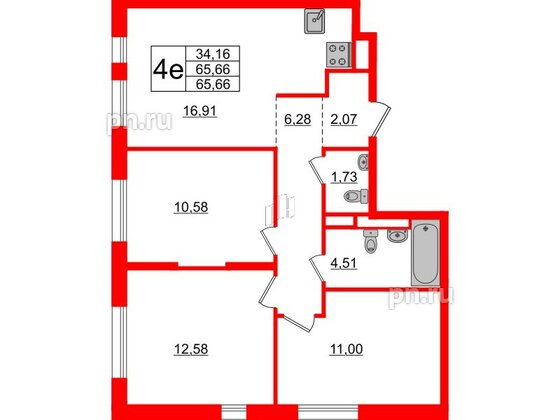 Квартира в ЖК Новые Лаврики, 3 комнатная, 65.66 м², 5 этаж