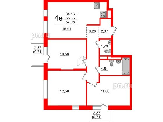 Квартира в ЖК Новые Лаврики, 3 комнатная, 67.08 м², 7 этаж