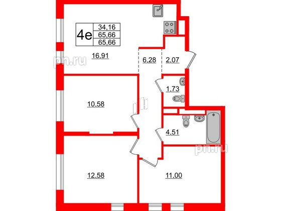 Квартира в ЖК Новые Лаврики, 3 комнатная, 65.66 м², 12 этаж