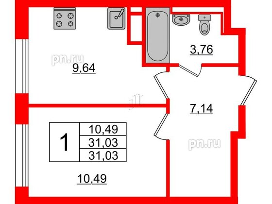 Квартира в ЖК Новые Лаврики, 1 комнатная, 31.03 м², 5 этаж