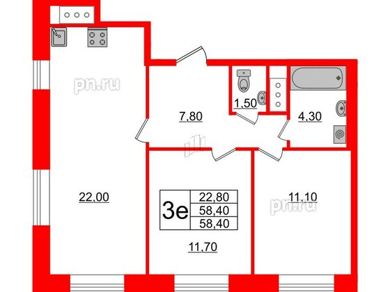 Квартира в ЖК Большая Охта, 2 комнатная, 58.4 м², 12 этаж