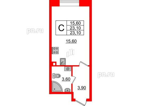 Квартира в ЖК Большая Охта, студия, 23.1 м², 2 этаж