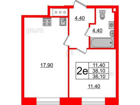 Квартира в ЖК Большая Охта, 1 комнатная, 38.1 м², 3 этаж