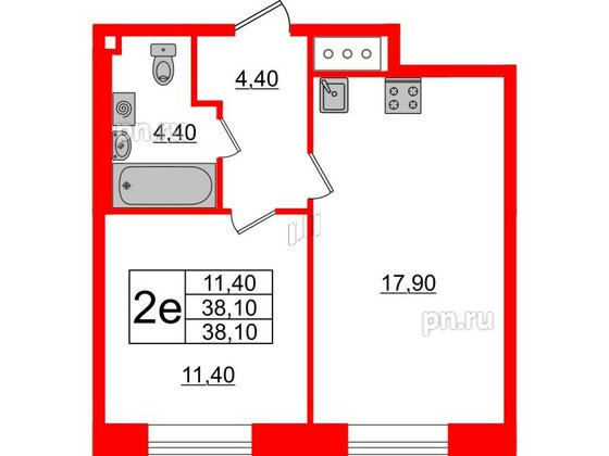 Квартира в ЖК Большая Охта, 1 комнатная, 38.1 м², 4 этаж