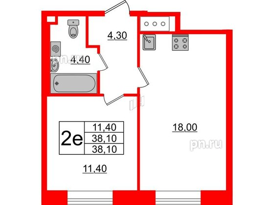 Квартира в ЖК Большая Охта, 1 комнатная, 38.1 м², 3 этаж