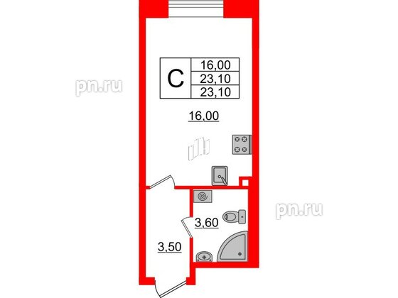 Квартира в ЖК Большая Охта, студия, 23.1 м², 2 этаж