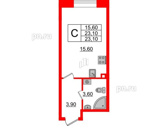 Квартира в ЖК Большая Охта, студия, 23.1 м², 2 этаж