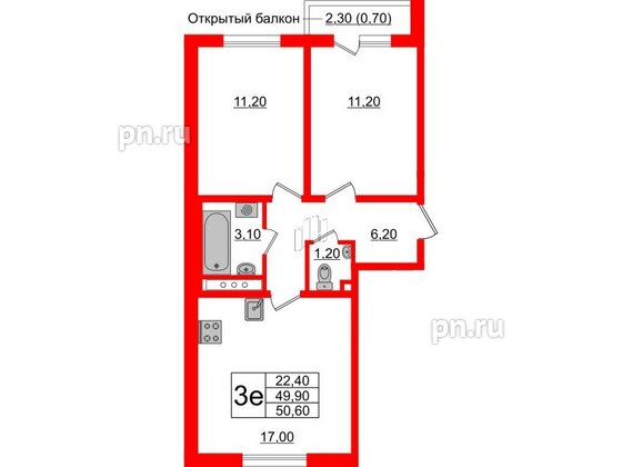 Квартира в ЖК Ржевский парк, 2 комнатная, 50.6 м², 7 этаж