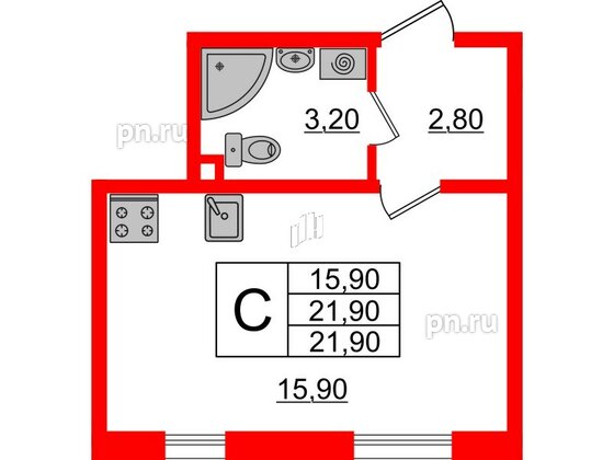 Квартира в ЖК Ржевский парк, студия, 21.9 м², 1 этаж