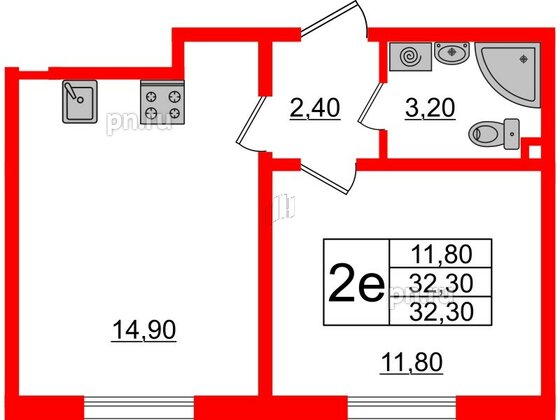 Квартира в ЖК Ржевский парк, 1 комнатная, 32.3 м², 1 этаж