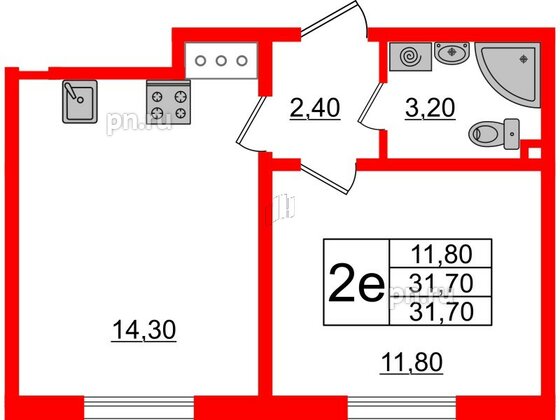 Квартира в ЖК Ржевский парк, 1 комнатная, 31.7 м², 3 этаж