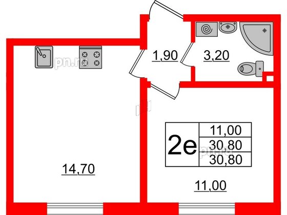 Квартира в ЖК Ржевский парк, 1 комнатная, 30.8 м², 2 этаж