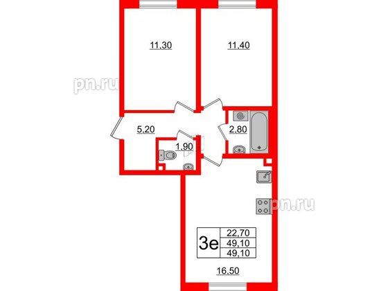 Квартира в ЖК Ржевский парк, 2 комнатная, 49.1 м², 1 этаж