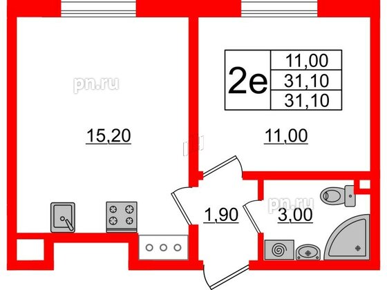 Квартира в ЖК Ржевский парк, 1 комнатная, 31.1 м², 10 этаж