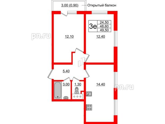 Квартира в ЖК Ржевский парк, 2 комнатная, 49.5 м², 4 этаж