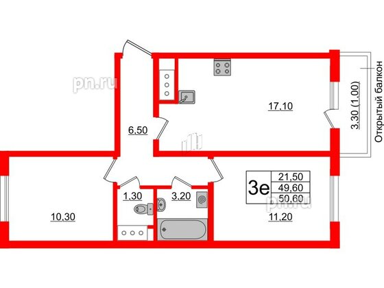 Квартира в ЖК Ржевский парк, 2 комнатная, 50.6 м², 15 этаж