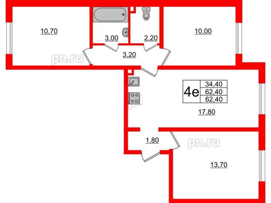 Квартира в ЖК Ржевский парк, 3 комнатная, 62.4 м², 1 этаж