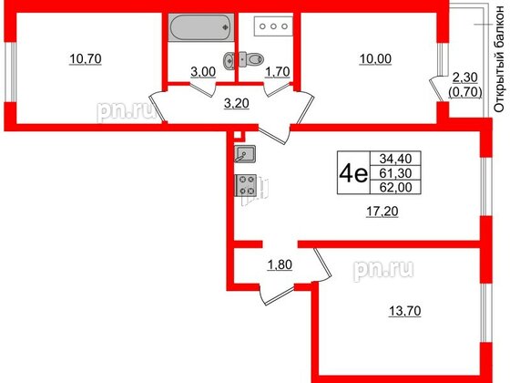 Квартира в ЖК Ржевский парк, 3 комнатная, 62 м², 2 этаж