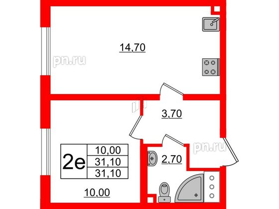 Квартира в ЖК Ржевский парк, 1 комнатная, 31.1 м², 9 этаж