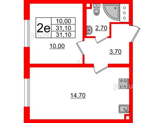 Квартира в ЖК Ржевский парк, 1 комнатная, 31.1 м², 11 этаж